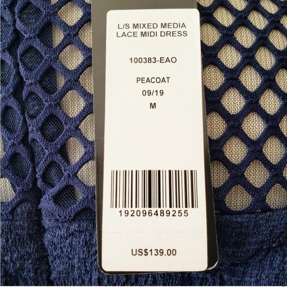 Bebe Navy Blue Mixed Media Lace Midi Mesh Ruffle Collar Cocktail Dress Size M - Picture 9 of 11